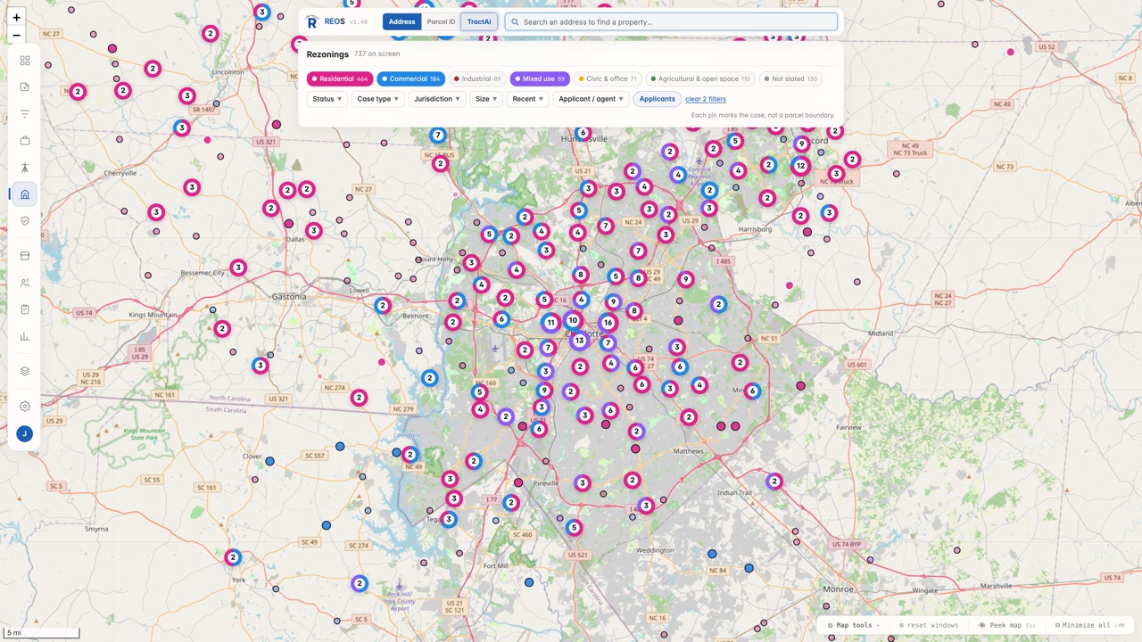 REOS rezoning map of the Charlotte area with 737 cases on screen, colored by use: 464 residential, 184 commercial and 89 mixed use
