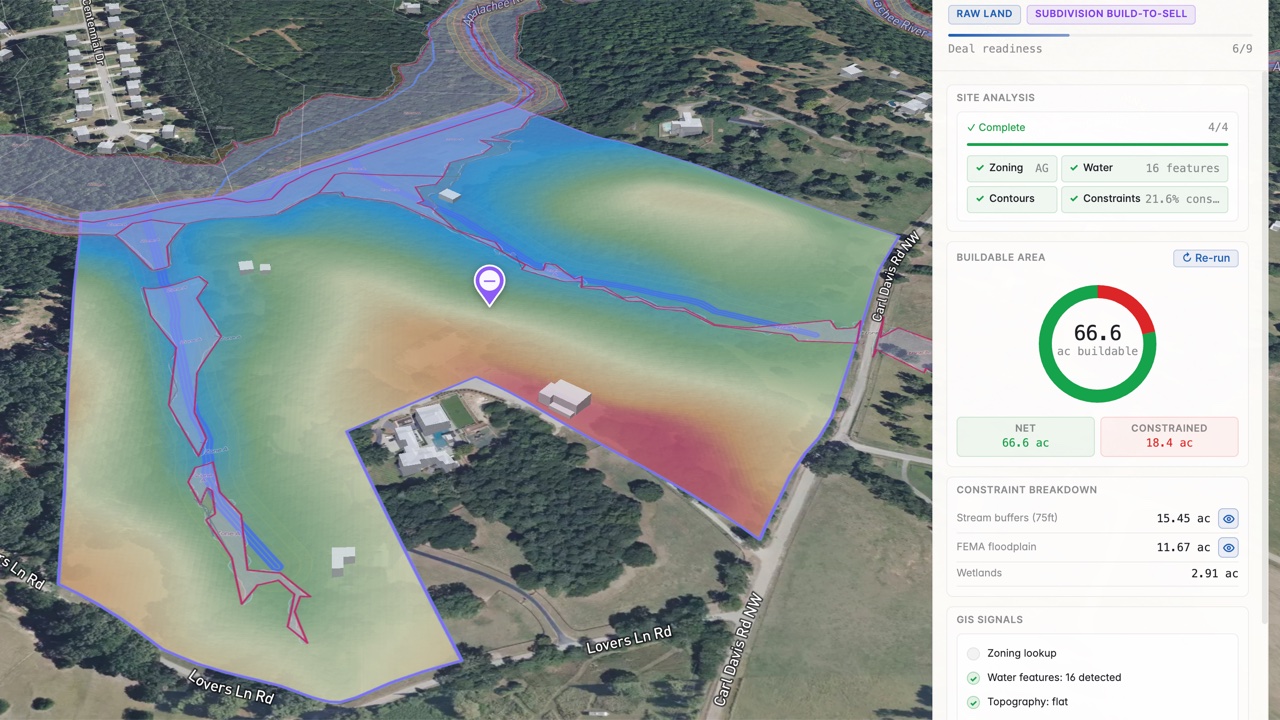 REOS site analysis of an 85-acre tract in Walton County: 66.6 net buildable acres after 75-foot stream buffers, FEMA floodplain and wetlands take out 18.4 acres