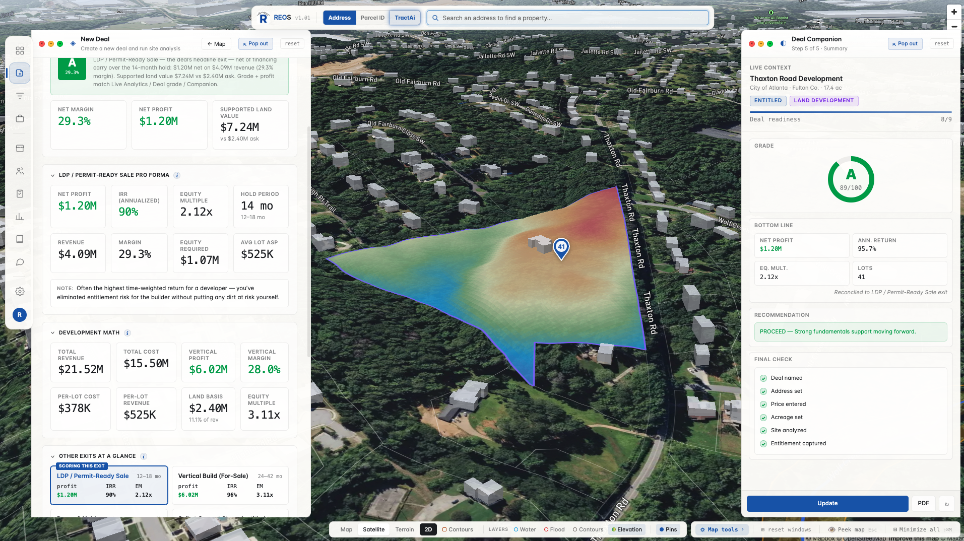 REOS deal summary with elevation heatmap and exit comparison