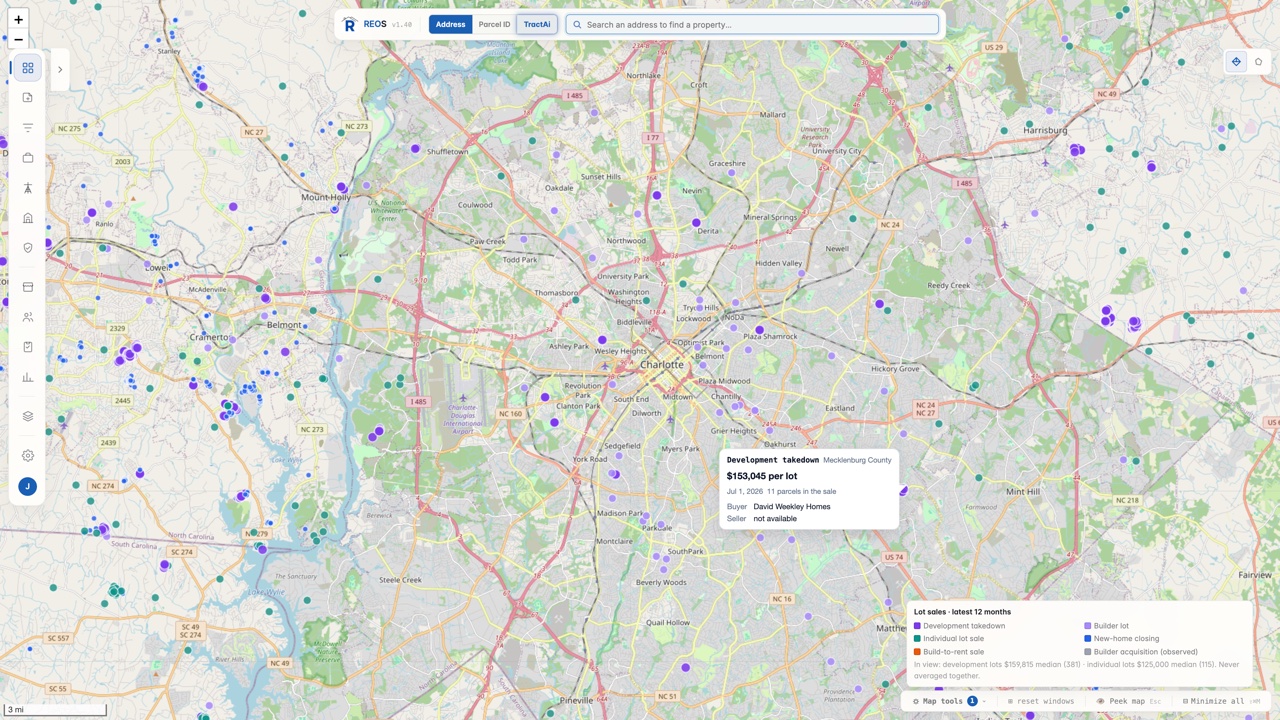 A David Weekley Homes takedown in Mecklenburg County, North Carolina: $153,045 per lot, 11 parcels in one sale, with the map legend keeping development and individual lot medians separate