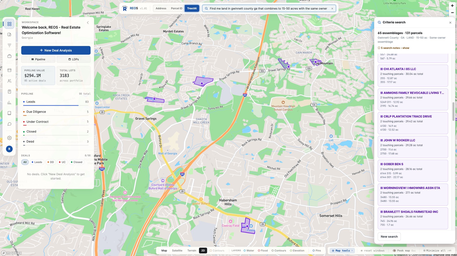 Plain-language criteria search returning 65 assemblages across 131 parcels